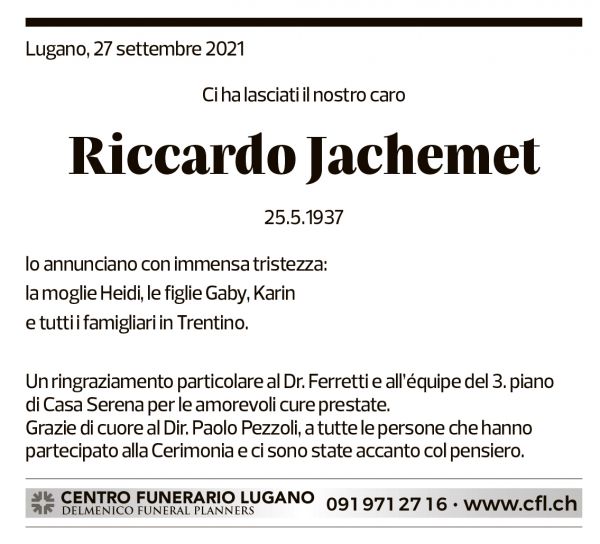 Annuncio funebre Riccardo Jachemet