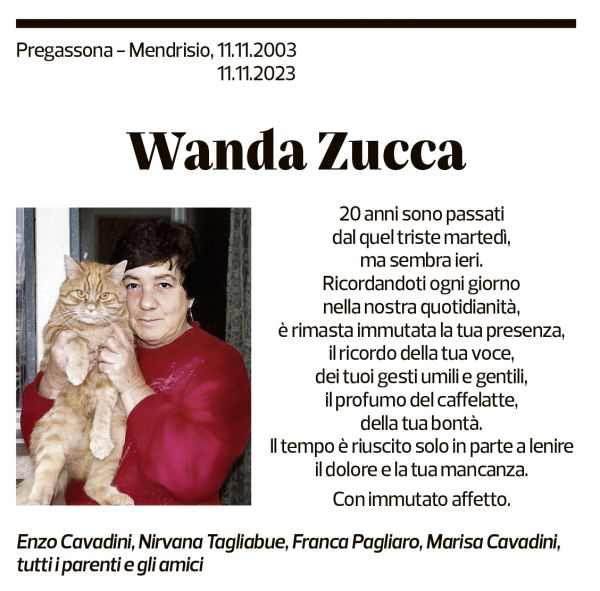 Annuncio funebre Wanda Zucca