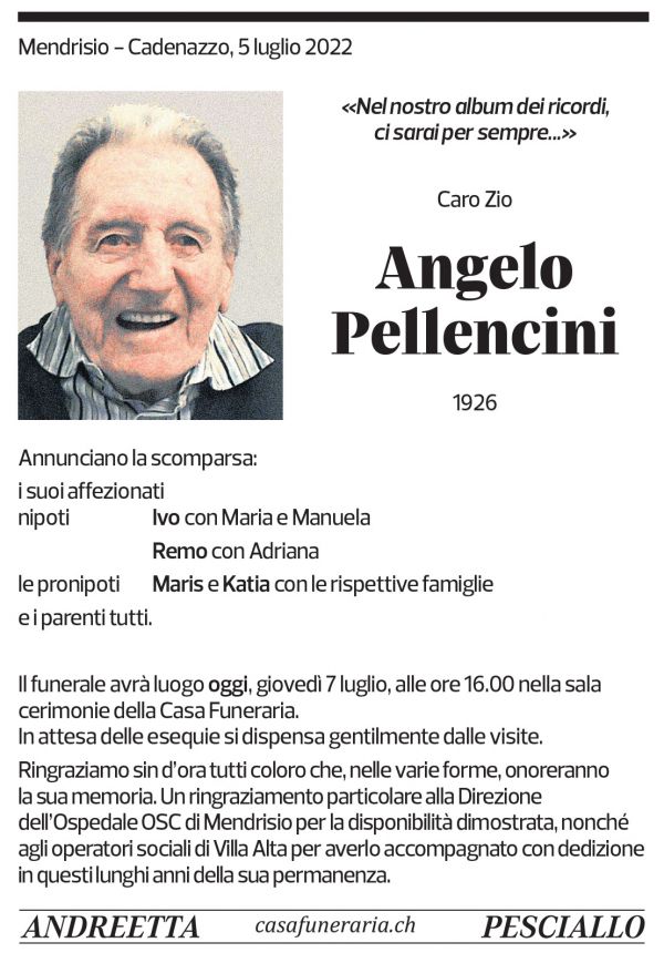 Annuncio funebre Angelo Pellencini