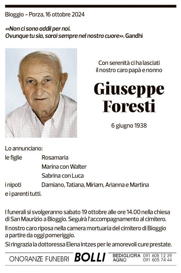 Annuncio funebre Giuseppe Foresti