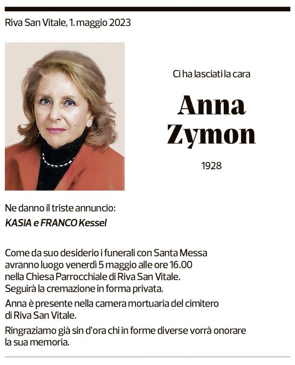 Annuncio funebre Anna Zymon