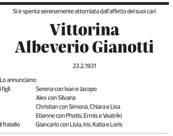 Annuncio funebre Vittorina Albeverio Gianotti