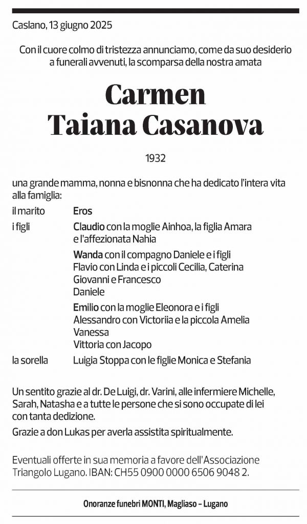 Annuncio funebre Carmen Taiana Casanova