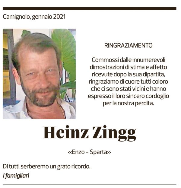 Annuncio funebre Heinz Zingg