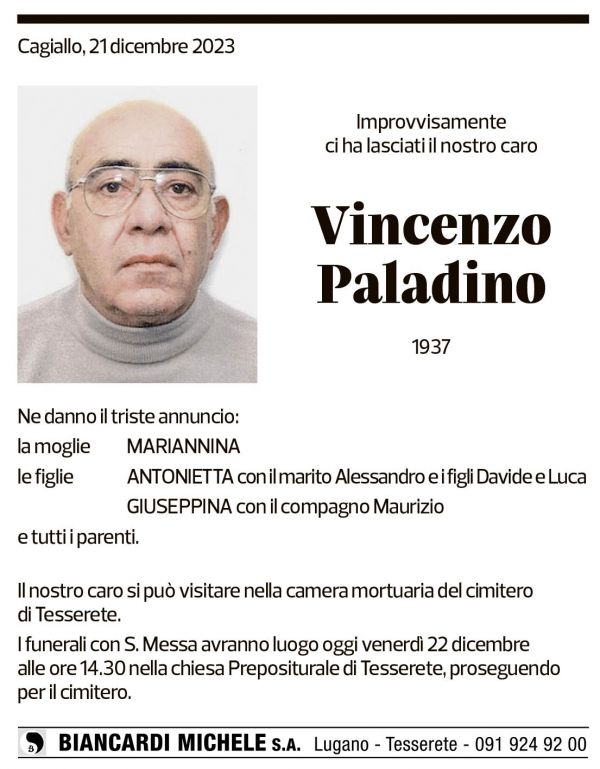Annuncio funebre Vincenzo Paladino