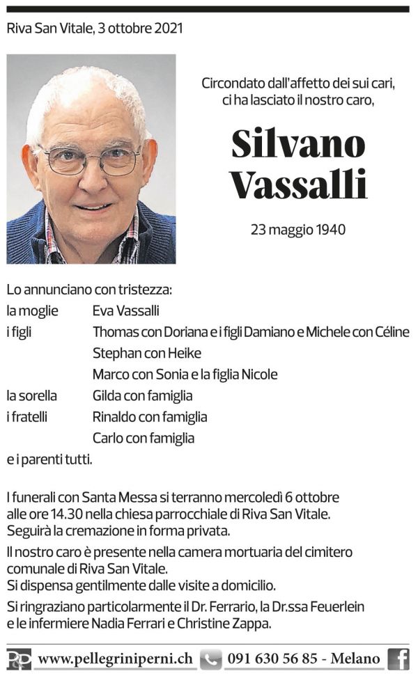 Annuncio funebre Silvano Vassalli