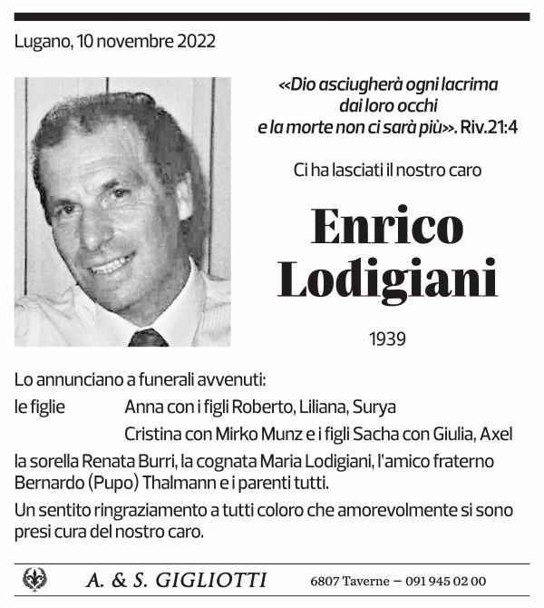 Annuncio funebre Enrico Lodigiani