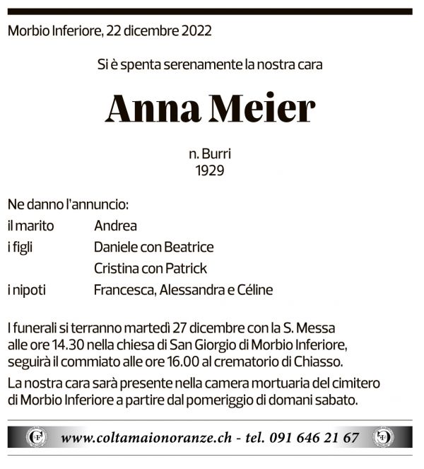 Annuncio funebre Anna Meier