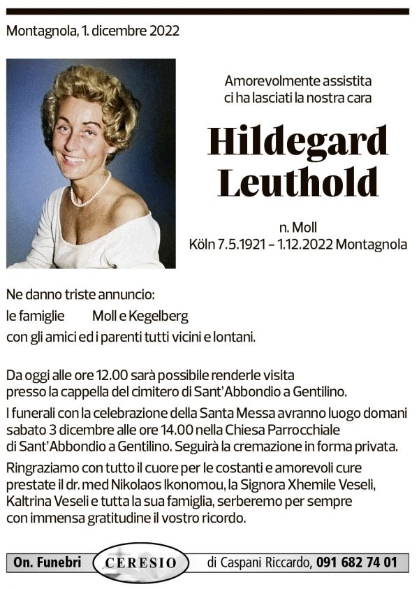 Annuncio funebre Hildegard Leuthold