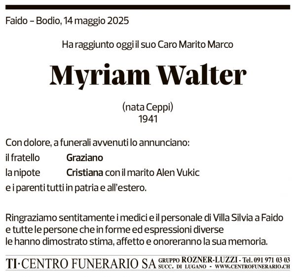 Annuncio funebre Myriam Walter