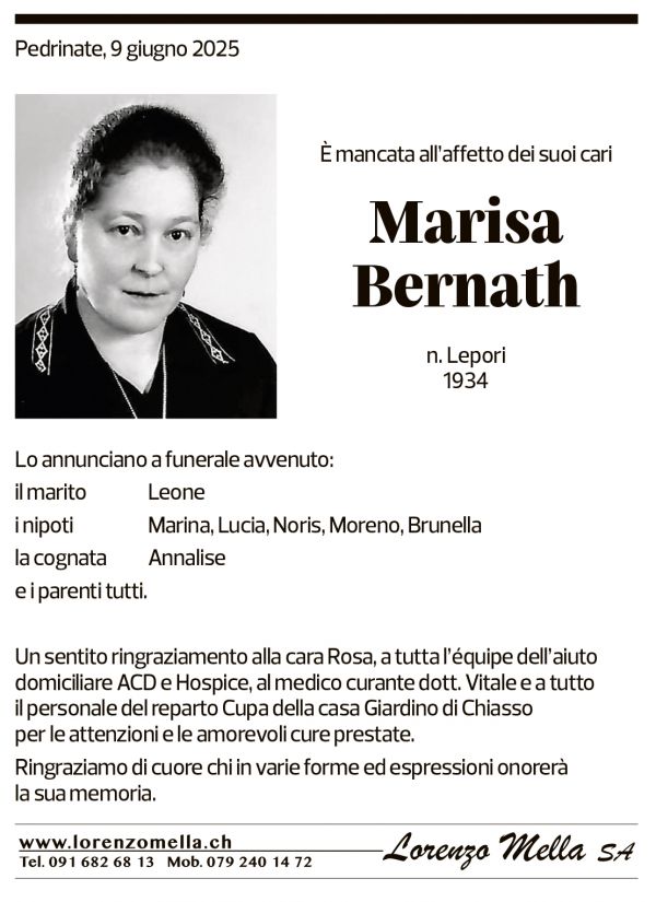 Annuncio funebre Marisa Bernath