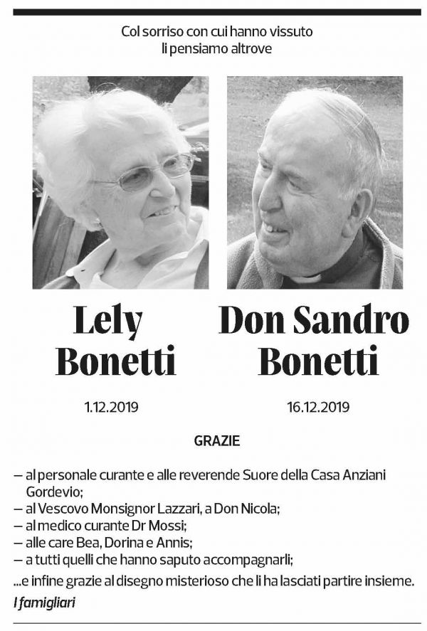 Annuncio funebre Lely Bonetti Sandro Bonetti