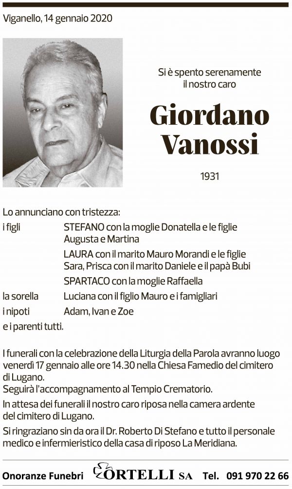 Annuncio funebre Giordano Vanossi