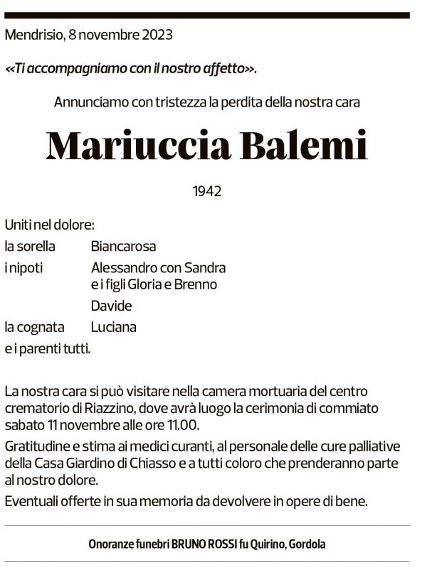 Annuncio funebre Mariuccia Balemi