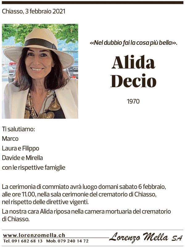 Annuncio funebre Alida Decio