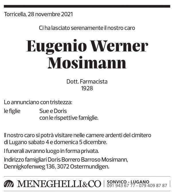 Annuncio funebre Eugenio Werner Mosimann