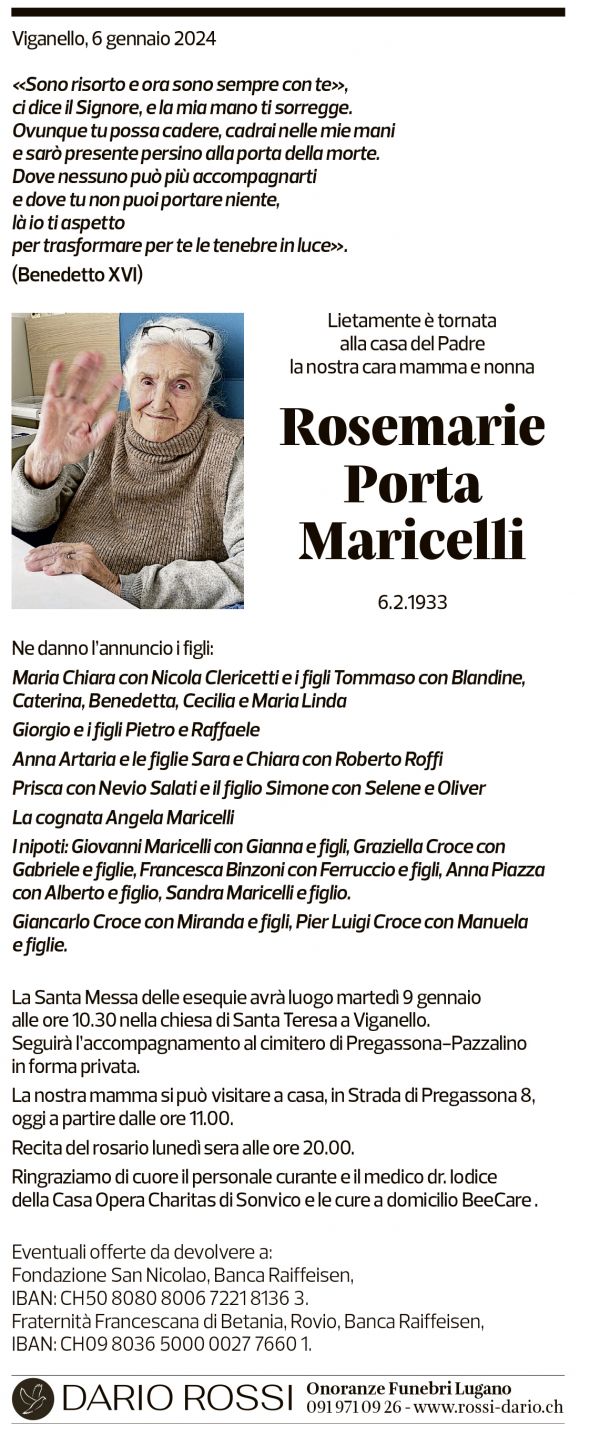 Annuncio funebre Rosemarie Porta Maricelli