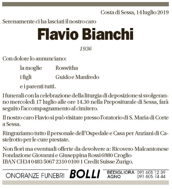 Annuncio funebre Flavio Bianchi