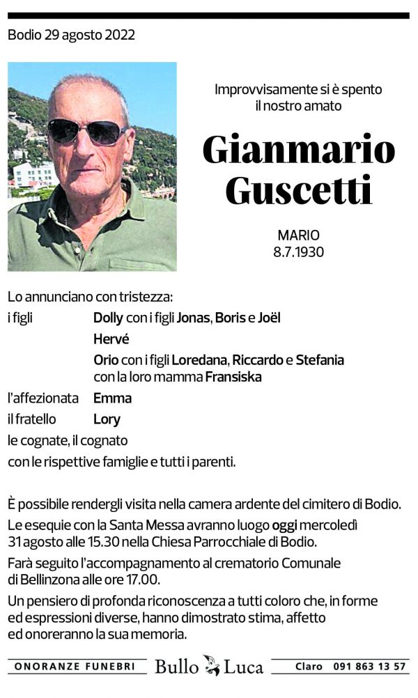 Annuncio funebre Gianmario Guscetti