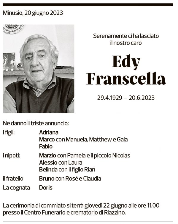 Annuncio funebre Edy Franscella