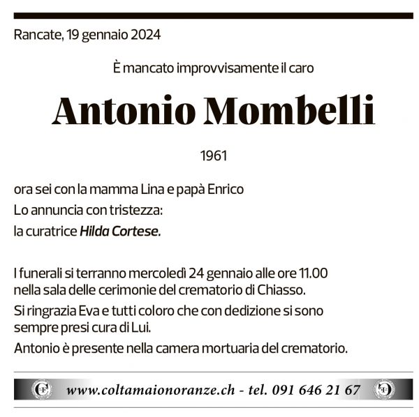 Annuncio funebre Antonio Mombelli