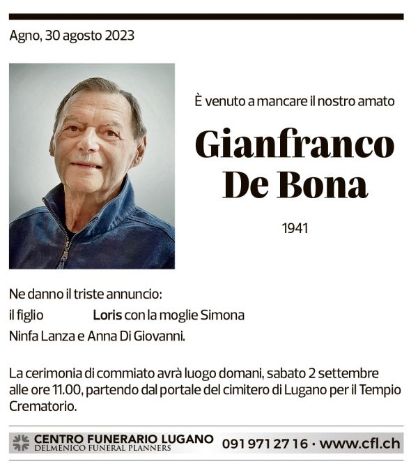 Annuncio funebre Gianfranco De Bona