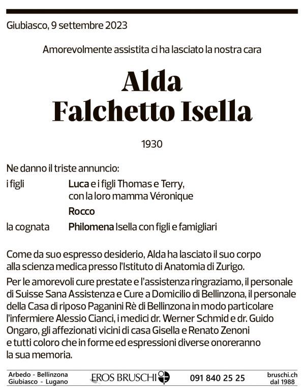 Annuncio funebre Alda Falchetto Isella