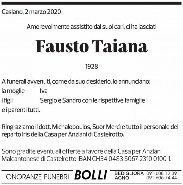 Annuncio funebre Fausto Taiana