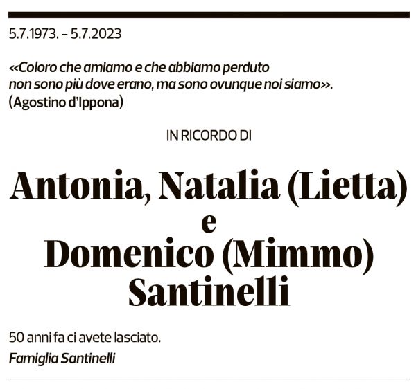 Annuncio funebre Antonia, Natalia (lietta) Domenico (mimmo) Santinelli