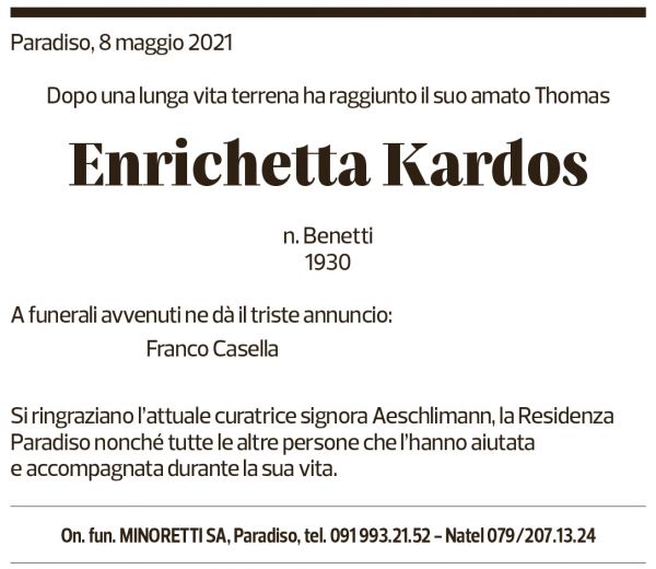 Annuncio funebre Enrichetta Kardos