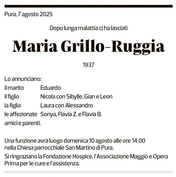 Annuncio funebre Maria Grillo-ruggia