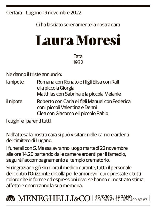 Annuncio funebre Laura Moresi