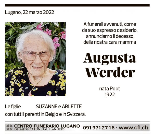 Annuncio funebre Augusta Werder