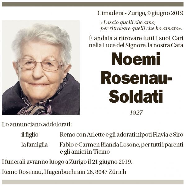 Annuncio funebre Noemi Rosenau-soldati