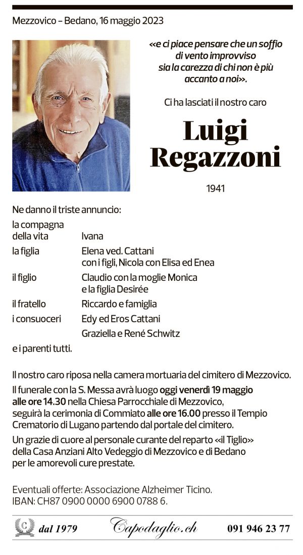 Annuncio funebre Luigi Regazzoni