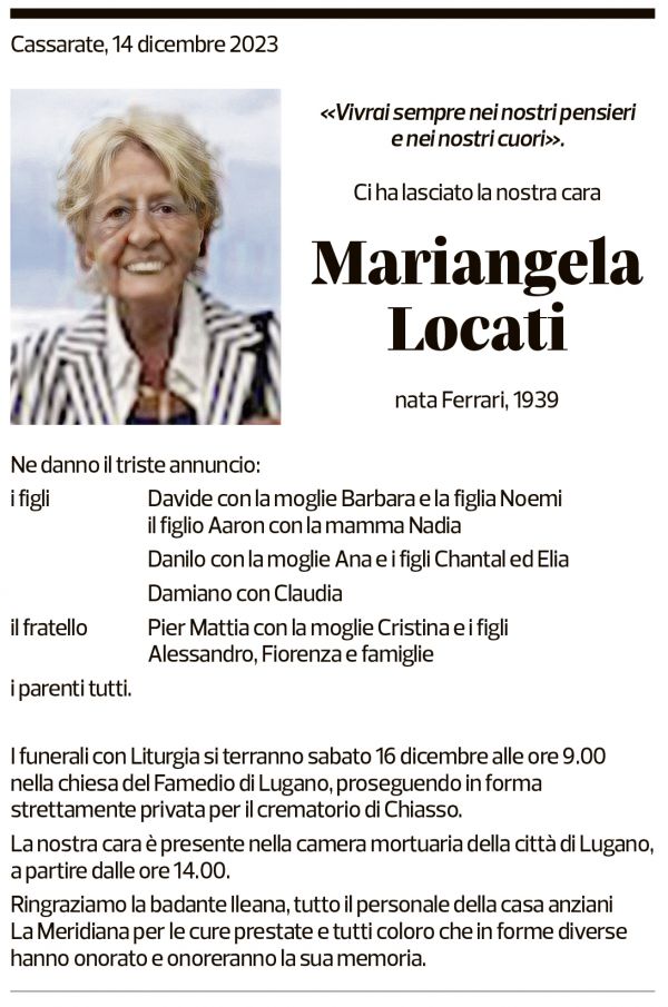 Annuncio funebre Mariangela Locati