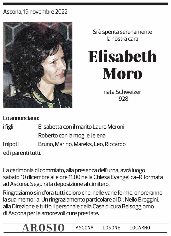 Annuncio funebre Elisabeth Moro