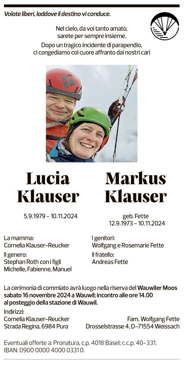 Annuncio funebre Lucia E Markus Klauser