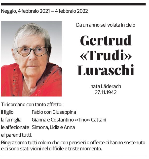 Annuncio funebre Gertrud Luraschi