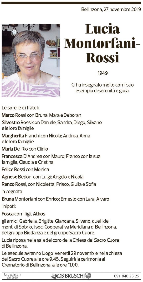 Annuncio funebre Lucia Montorfani-rossi