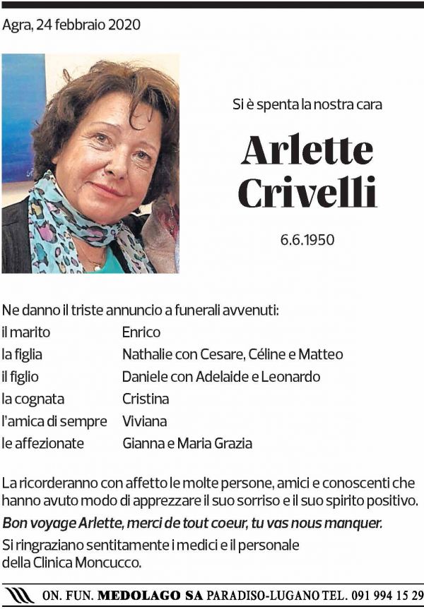 Annuncio funebre Arlette Crivelli