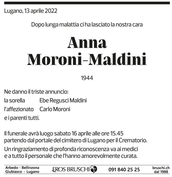 Annuncio funebre Anna Moroni-maldini