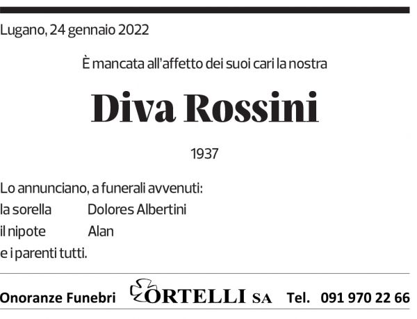 Annuncio funebre Diva Rossini