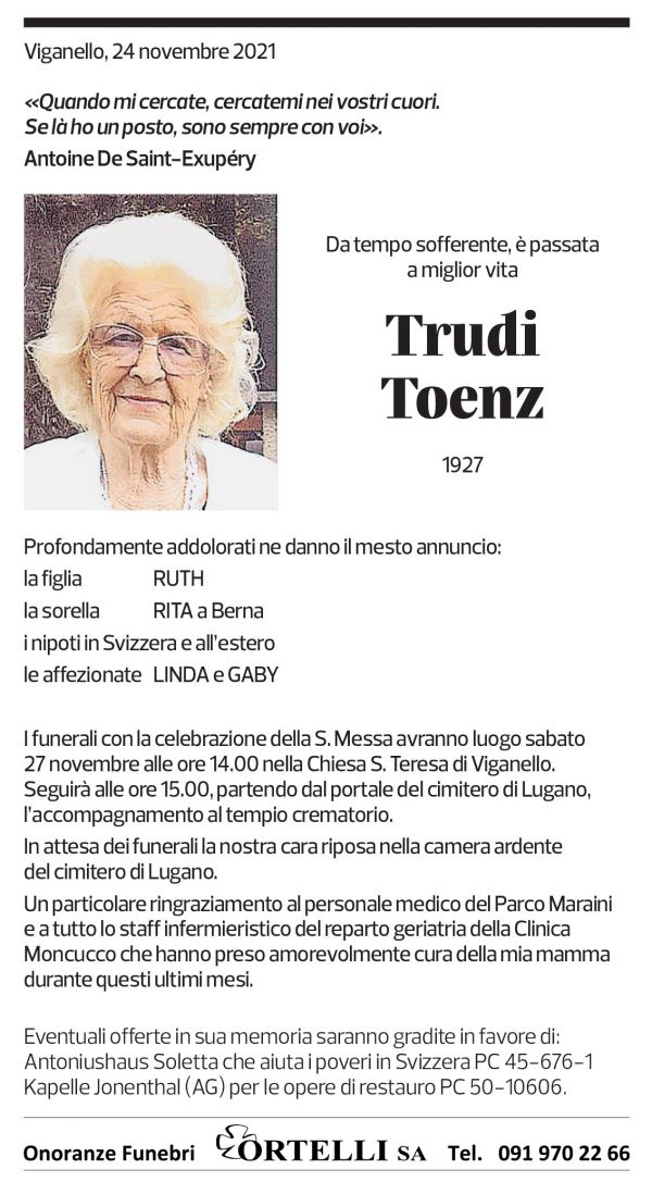 Annuncio funebre Trudi Toenz