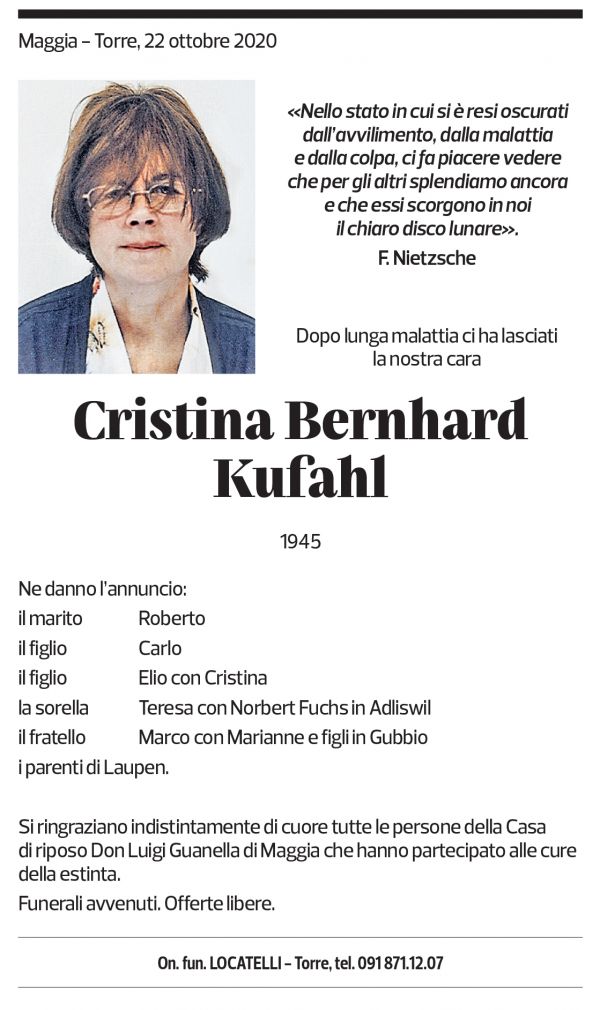 Annuncio funebre Cristina Bernhard Kufahl