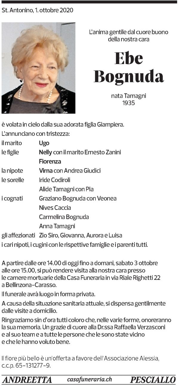 Annuncio funebre Ebe Bognuda
