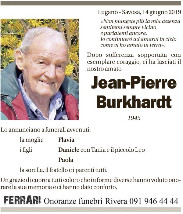 Annuncio funebre Jean - Pierre Burkhardt