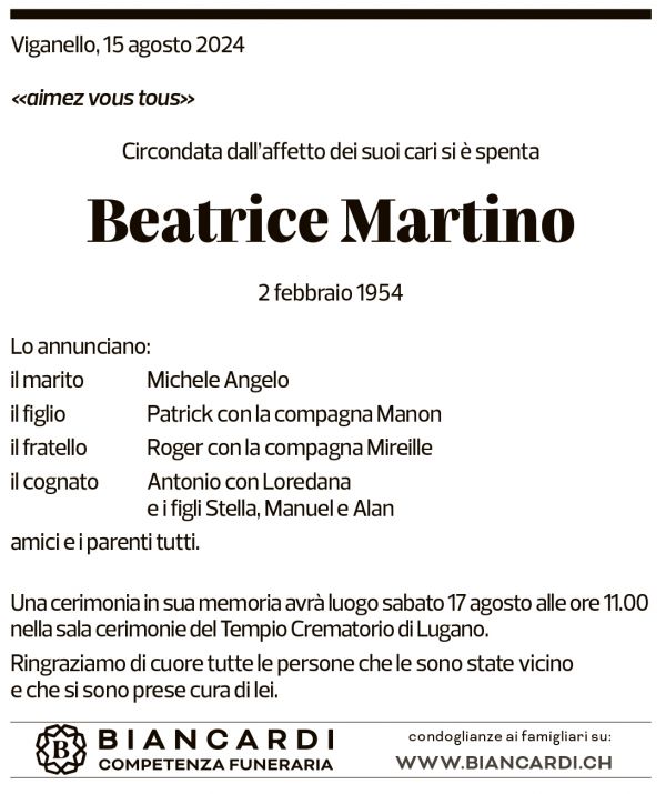 Annuncio funebre Beatrice Martinoli