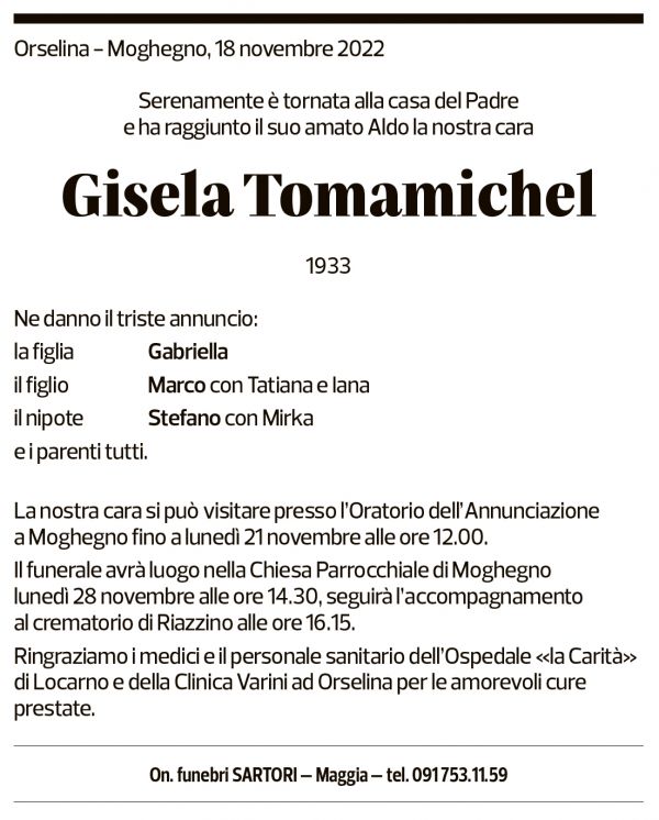 Annuncio funebre Gisela Tomamichel