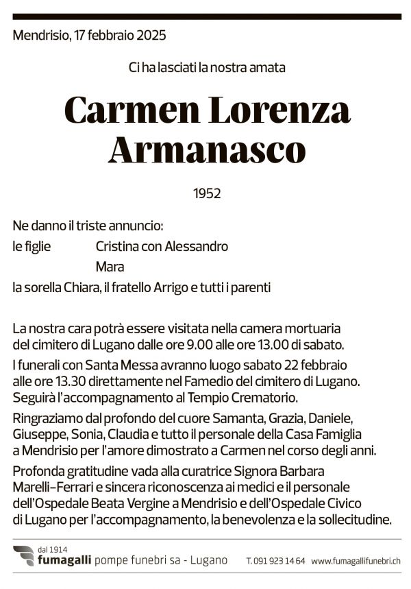 Annuncio funebre Carmen Lorenza Armanesco